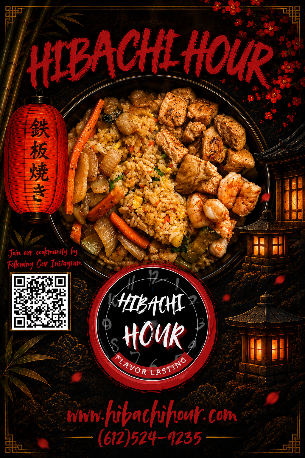 Hibachi Hour pop-up lunch flyer with Instagram QR code, website and phone number