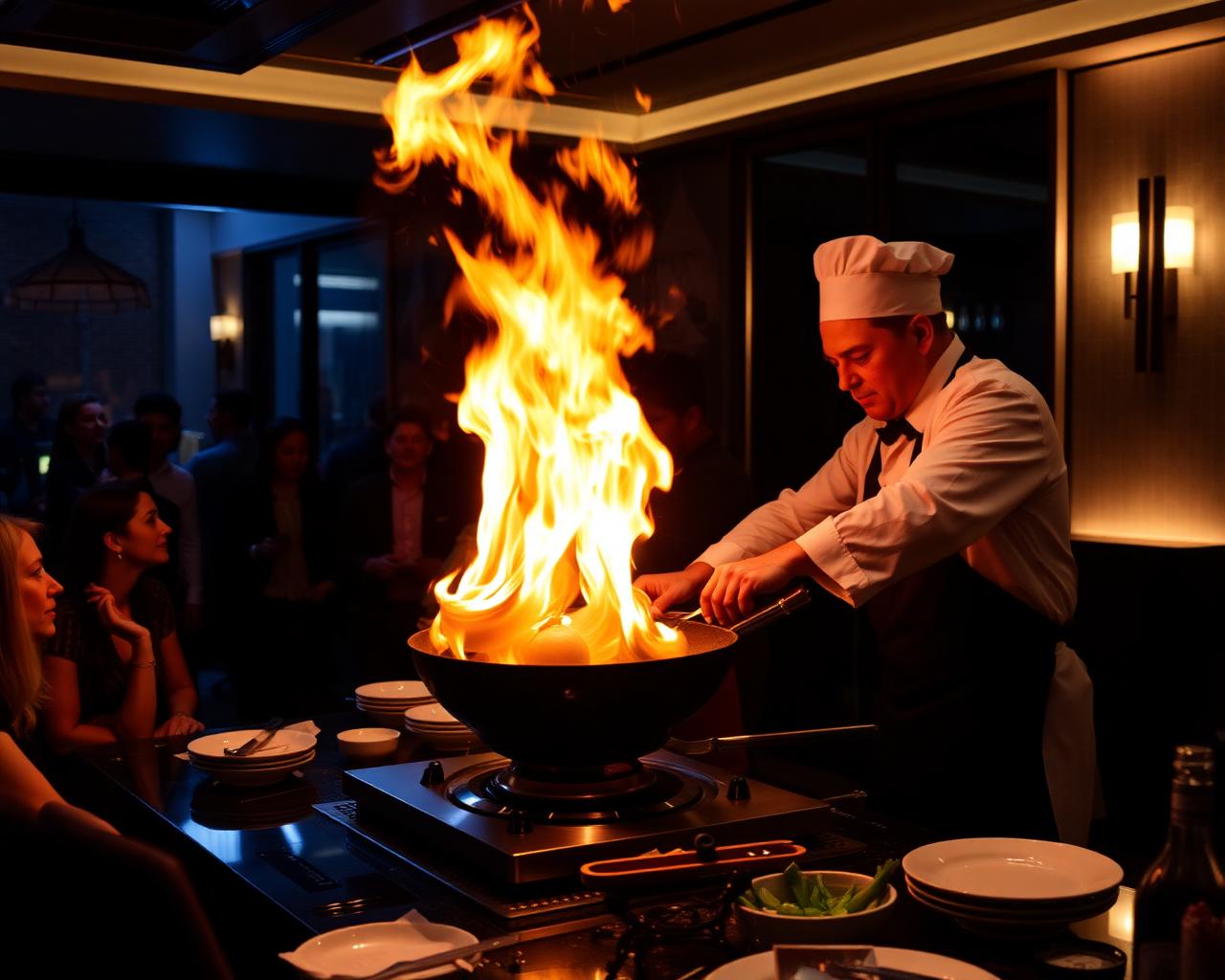 Chef performing onion volcano